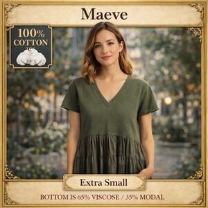 Maeve Anthropologie Shirt Womens XS Green V-Neck Ruffle Hem Tunic Tiered Top